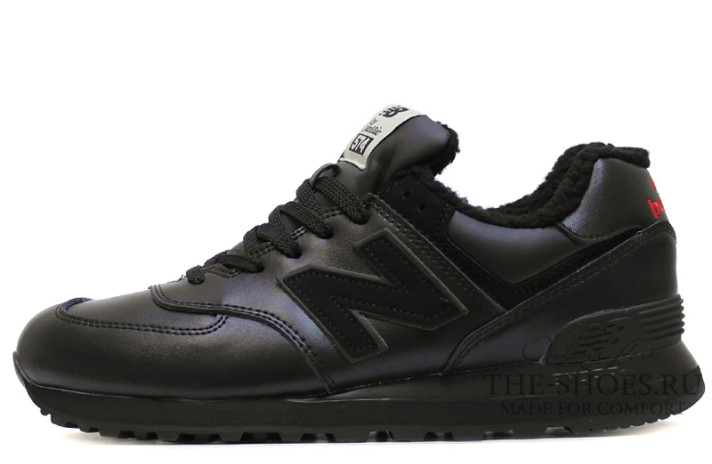 Кроссовки New Balance 574 winter black leather  черные, кожаные